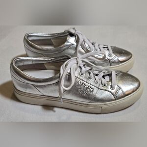 Tory Burch Silver Sneakers Court Shoes Metallic Leather Sz 7 Worn Once